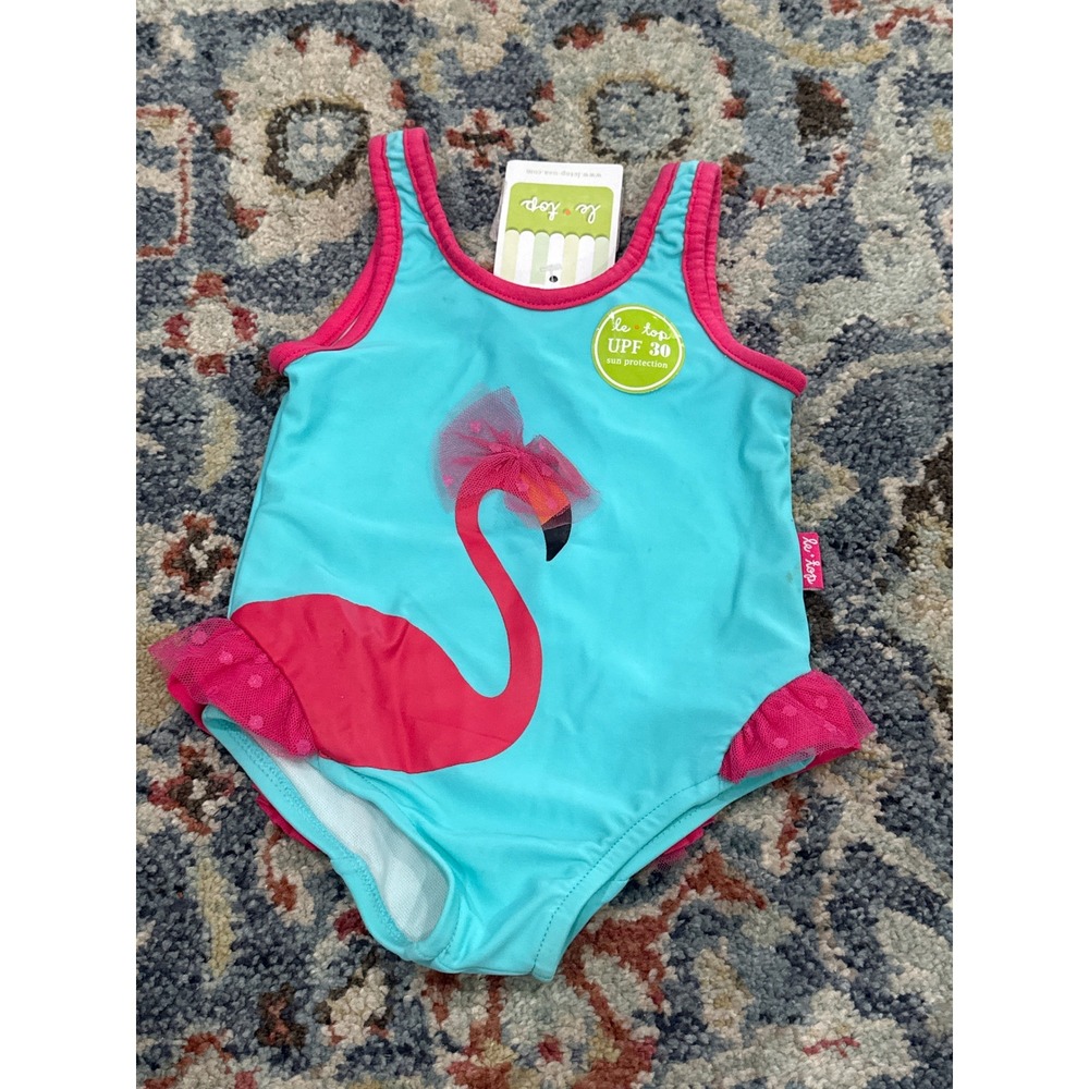 Le Top Swimsuit Girls 9M Turquoise Pink Flamingo Tulle UPF‎ 30 NWT Flaws